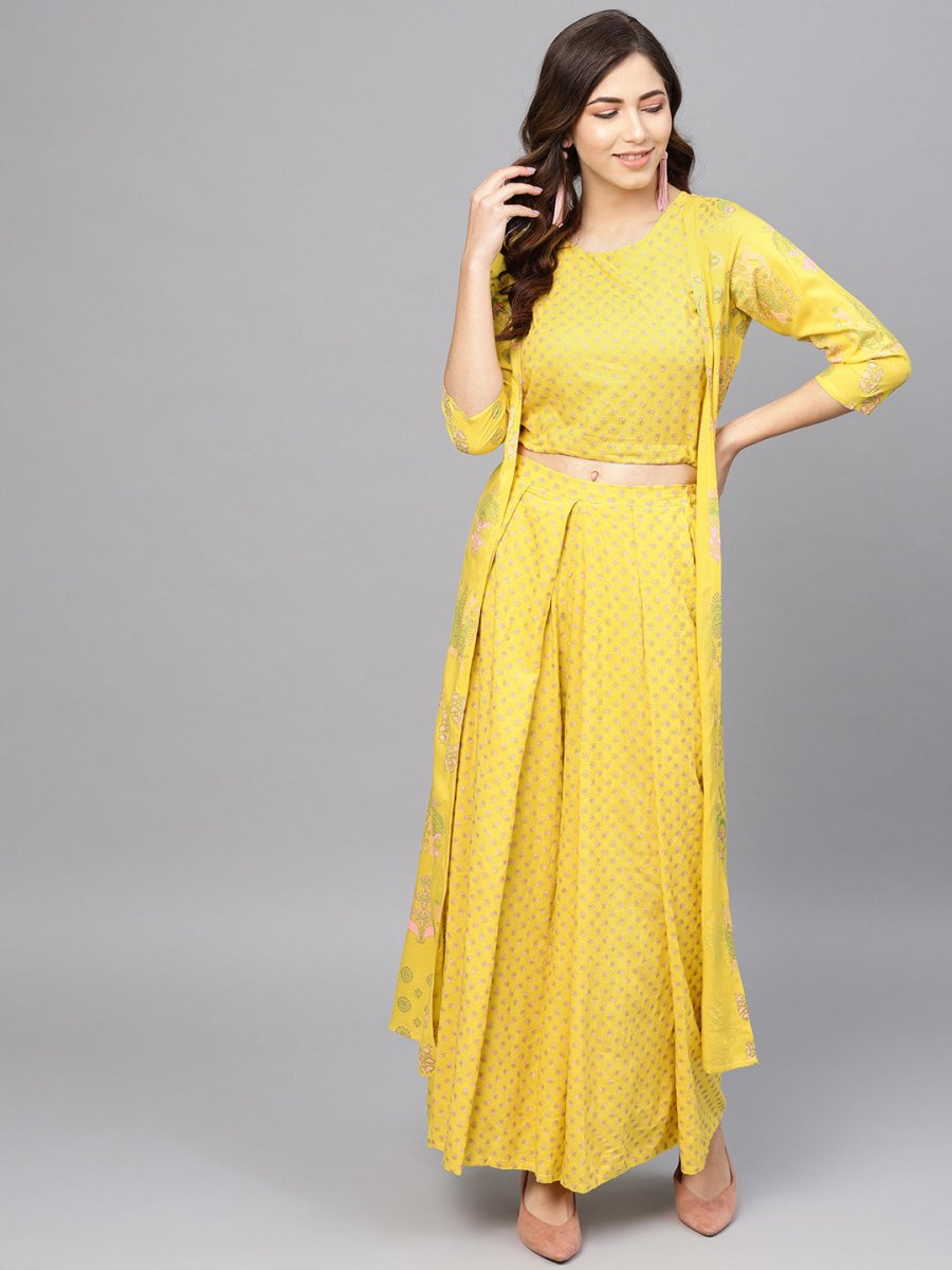 Ahalyaa Yellow & Pink Printed Crop Top with Palazzos & Ethnic Jacket - Swadesiicart