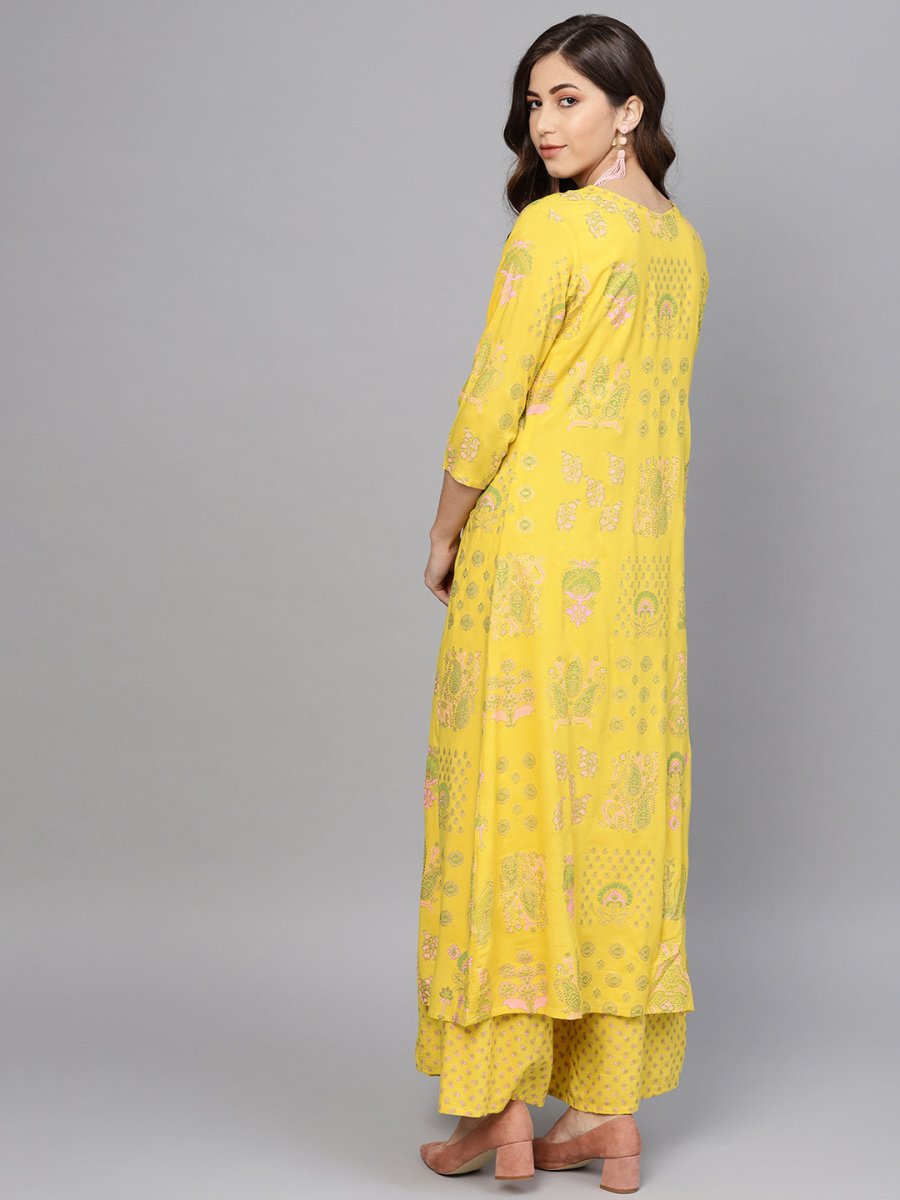Ahalyaa Yellow & Pink Printed Crop Top with Palazzos & Ethnic Jacket - Swadesiicart