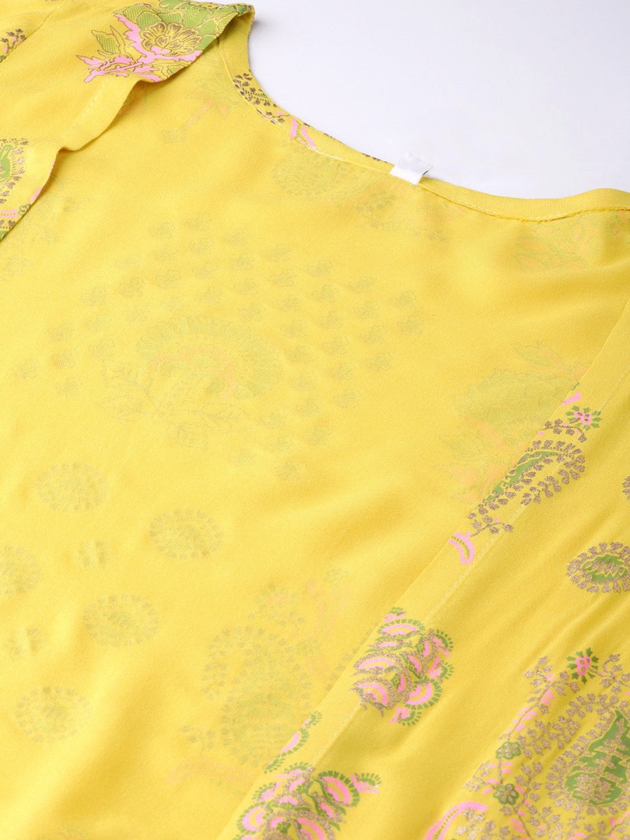Ahalyaa Yellow & Pink Printed Crop Top with Palazzos & Ethnic Jacket - Swadesiicart