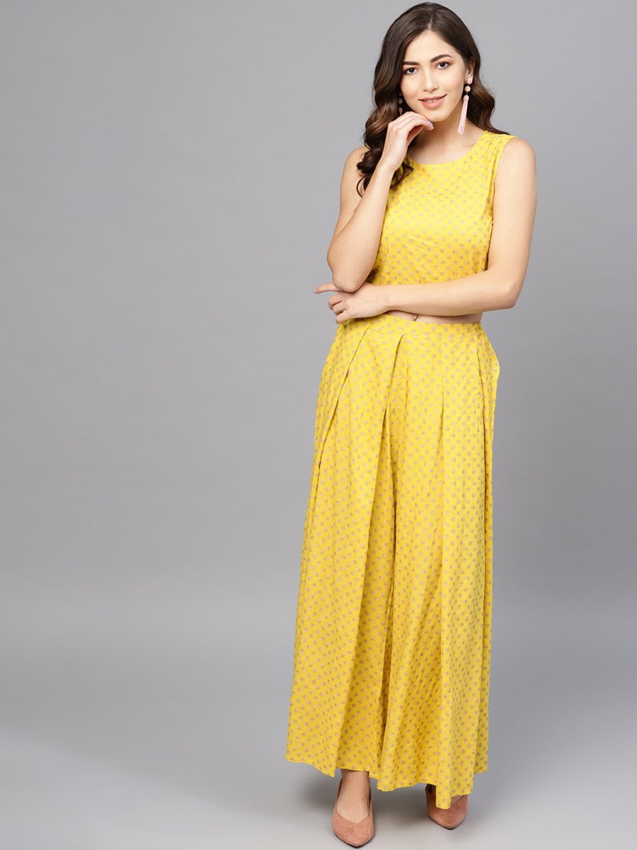 Ahalyaa Yellow & Pink Printed Crop Top with Palazzos & Ethnic Jacket - Swadesiicart