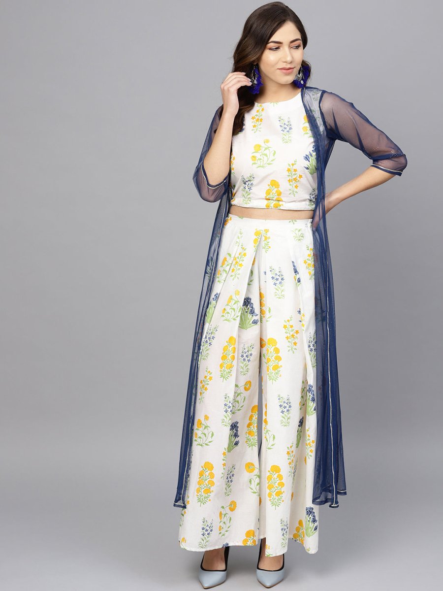 Ahalyaa Women White & Blue Printed Crop Top with Palazzos & Ethnic Jacket | Swadesiicart