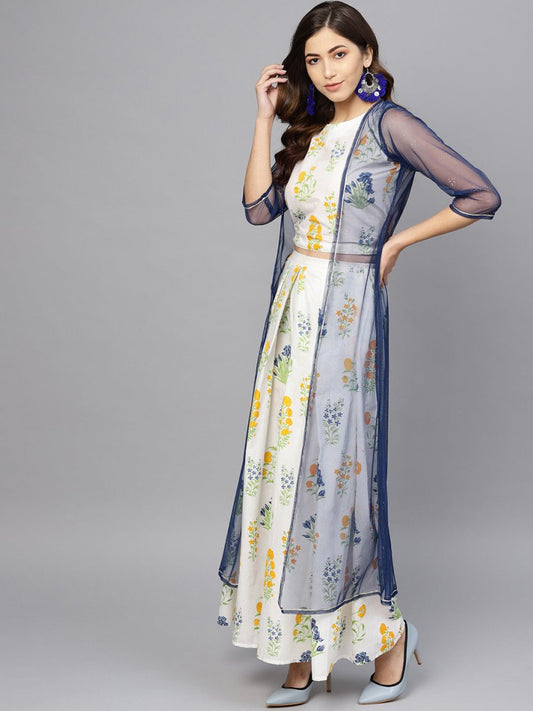 Ahalyaa Women White & Blue Printed Crop Top with Palazzos & Ethnic Jacket | Swadesiicart