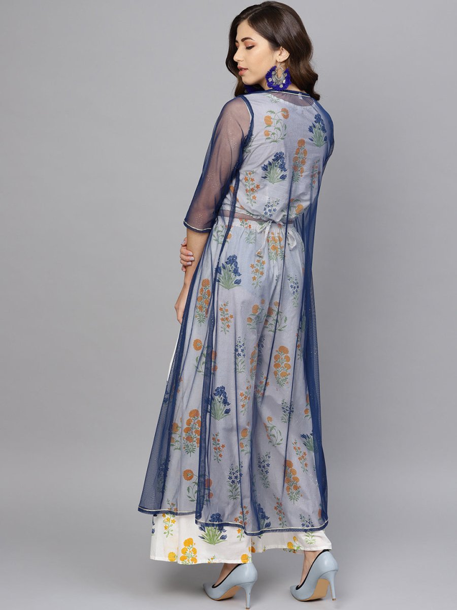 Ahalyaa Women White & Blue Printed Crop Top with Palazzos & Ethnic Jacket | Swadesiicart