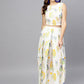 Ahalyaa Women White & Blue Printed Crop Top with Palazzos & Ethnic Jacket | Swadesiicart