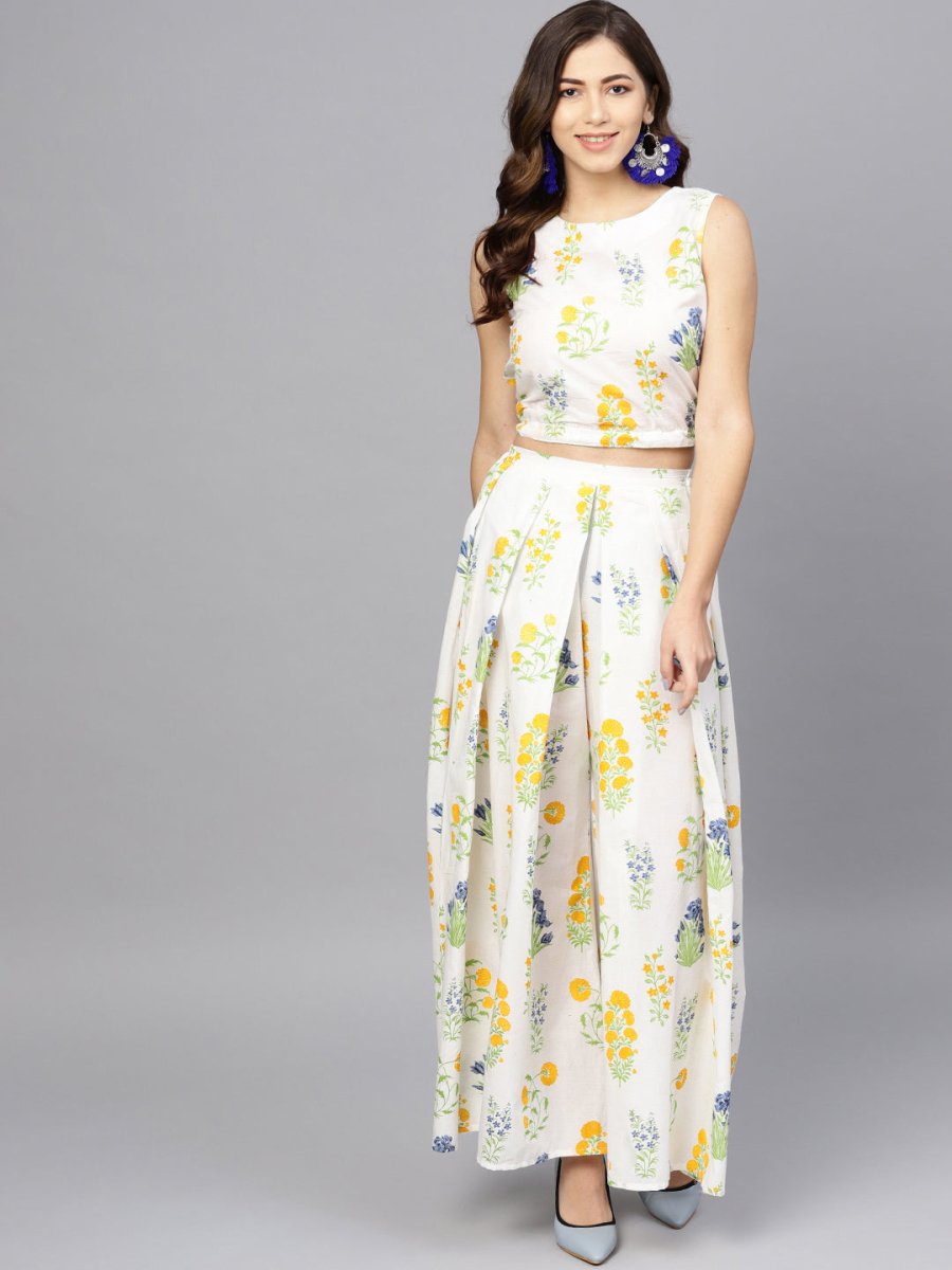 Ahalyaa Women White & Blue Printed Crop Top with Palazzos & Ethnic Jacket | Swadesiicart