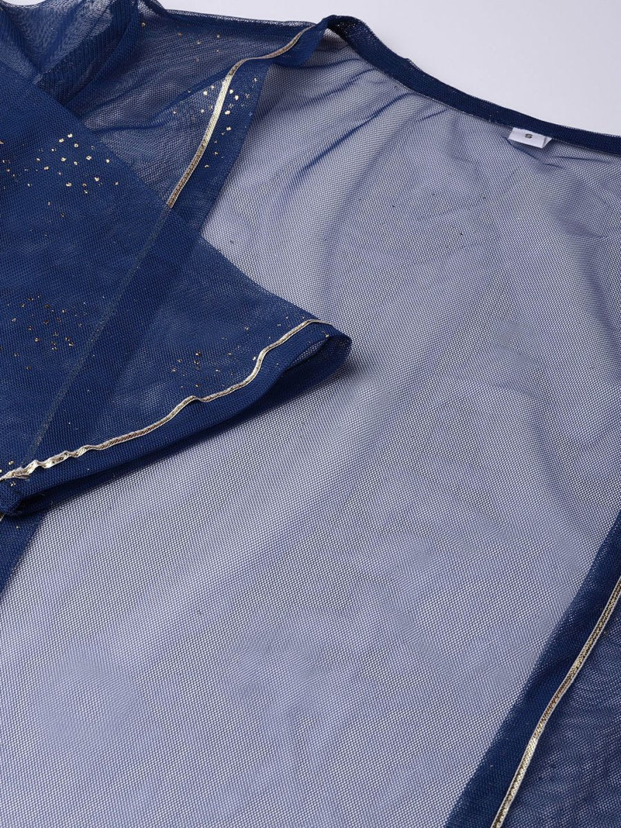 Ahalyaa Women White & Blue Printed Crop Top with Palazzos & Ethnic Jacket | Swadesiicart
