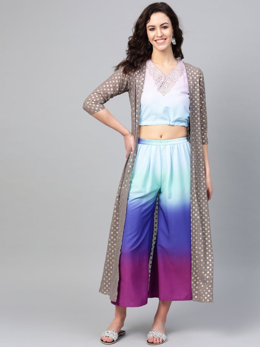 Ahalyaa Women Printed Crop Top With Shrug Set - Swadesiicart