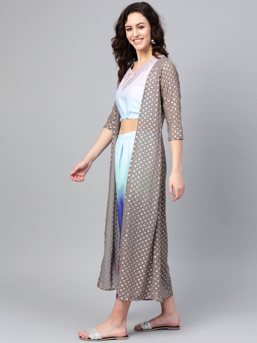 Ahalyaa Women Printed Crop Top With Shrug Set - Swadesiicart