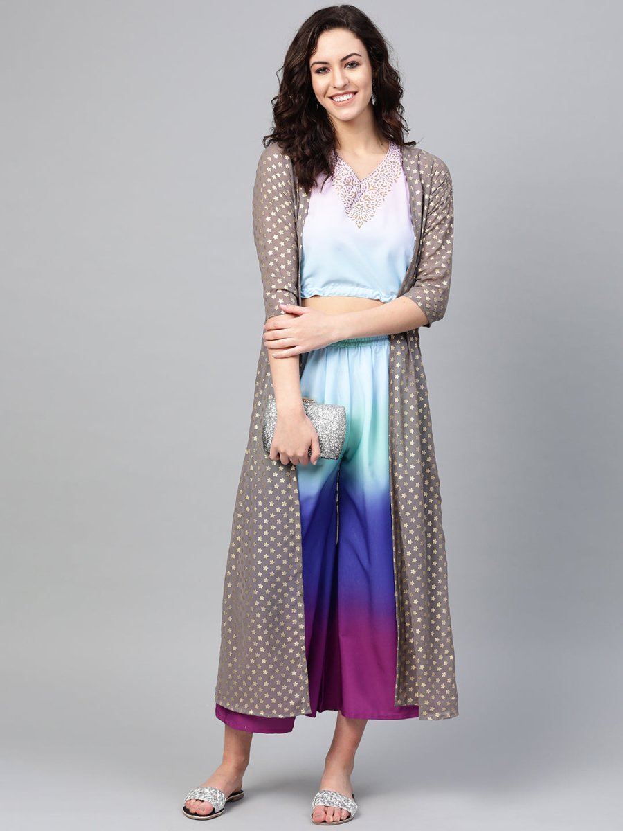 Ahalyaa Women Printed Crop Top With Shrug Set - Swadesiicart