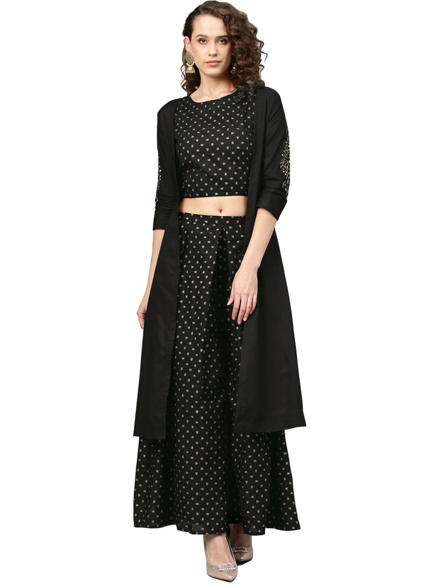 Ahalyaa Women Black & Golden Printed Kurta with Churidar & Dupatta | Swadesiicart