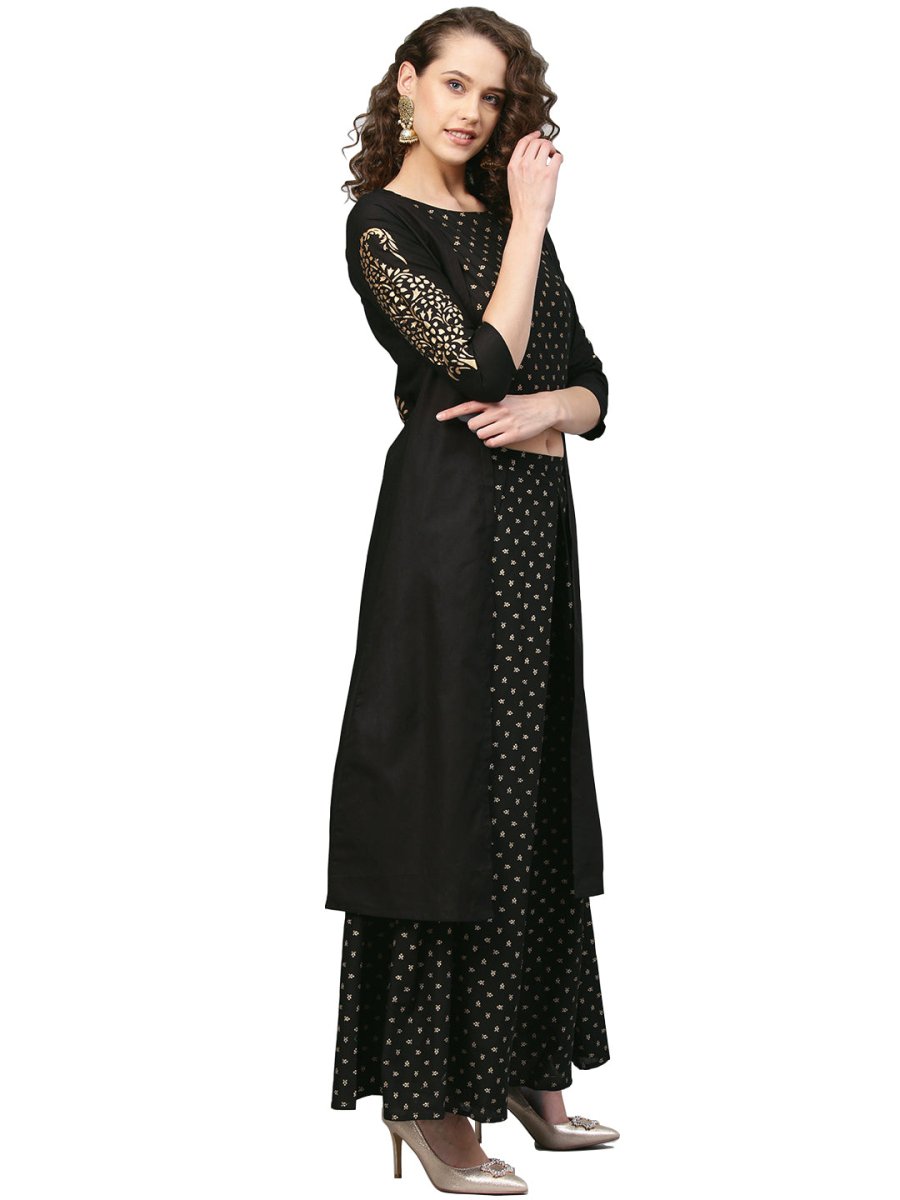Ahalyaa Women Black & Golden Printed Kurta with Churidar & Dupatta | Swadesiicart