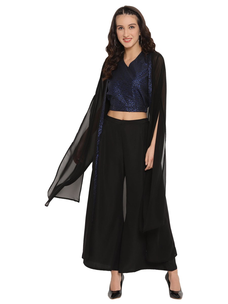 Ahalyaa Women Black & Blue Printed Crop Top With Palazzos & Jacket - Swadesiicart