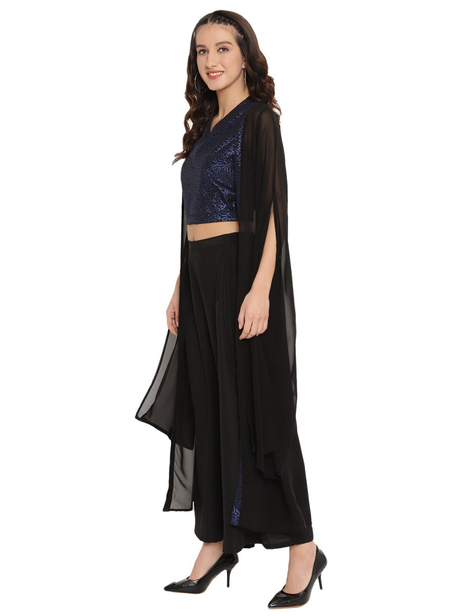 Ahalyaa Women Black & Blue Printed Crop Top With Palazzos & Jacket - Swadesiicart
