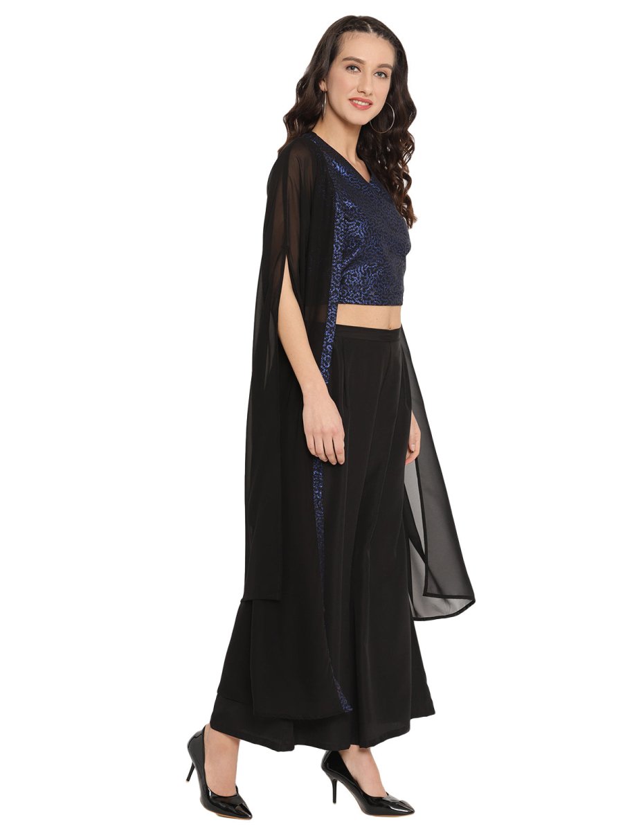 Ahalyaa Women Black & Blue Printed Crop Top With Palazzos & Jacket - Swadesiicart