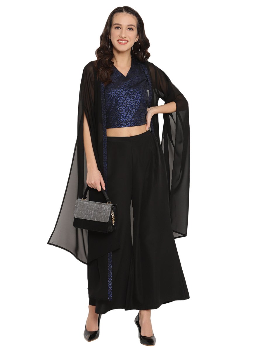 Ahalyaa Women Black & Blue Printed Crop Top With Palazzos & Jacket - Swadesiicart