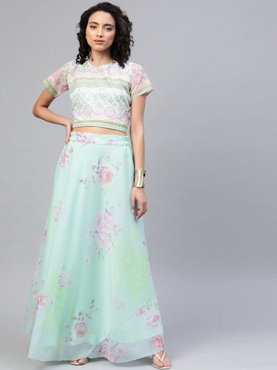 Ahalyaa Women Mint Green Oraganza Printed Lehenga Choli | Swadesiicart