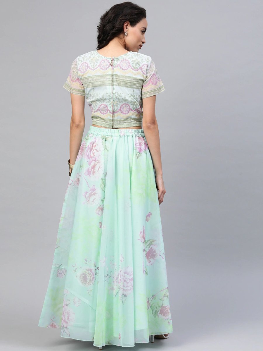 Ahalyaa Women Mint Green Oraganza Printed Lehenga Choli | Swadesiicart