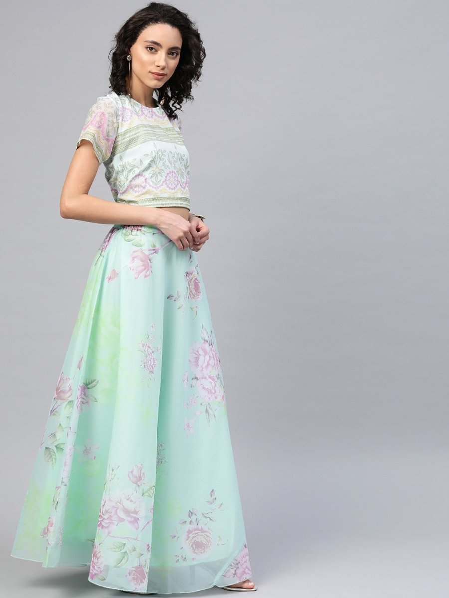 Ahalyaa Women Mint Green Oraganza Printed Lehenga Choli | Swadesiicart