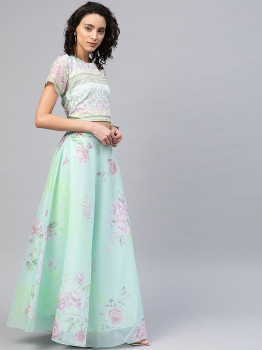 Ahalyaa Women Mint Green Oraganza Printed Lehenga Choli | Swadesiicart