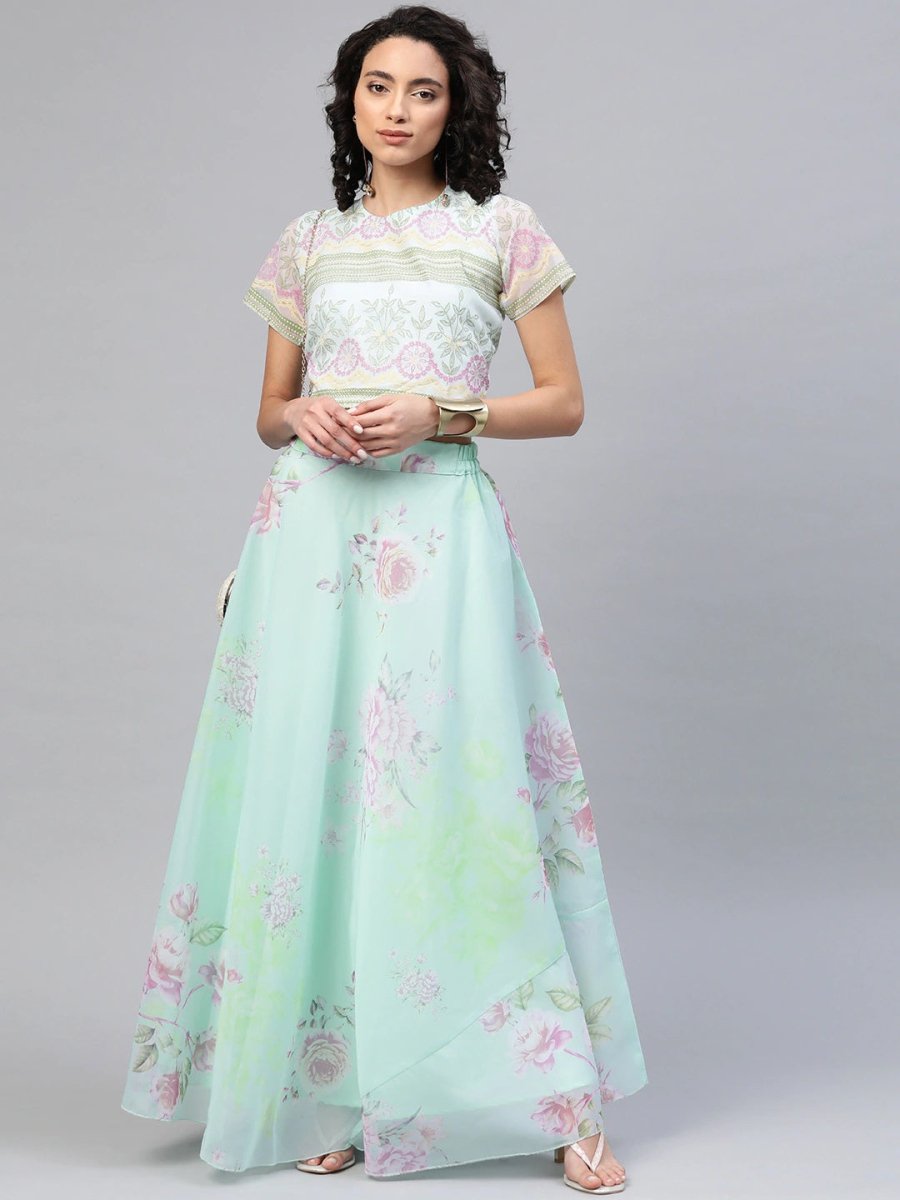 Ahalyaa Women Mint Green Oraganza Printed Lehenga Choli | Swadesiicart