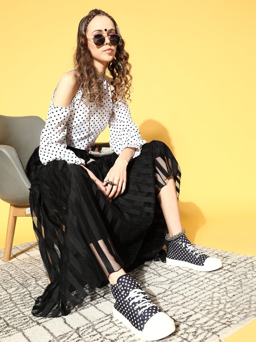 Ahalyaa Women White & Black Printed Top & Skirt | Swadesiicart