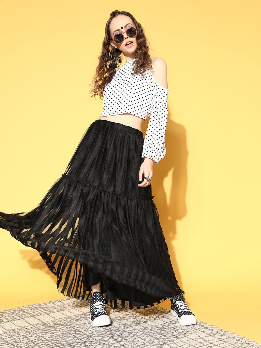 Ahalyaa Women White & Black Printed Top & Skirt | Swadesiicart