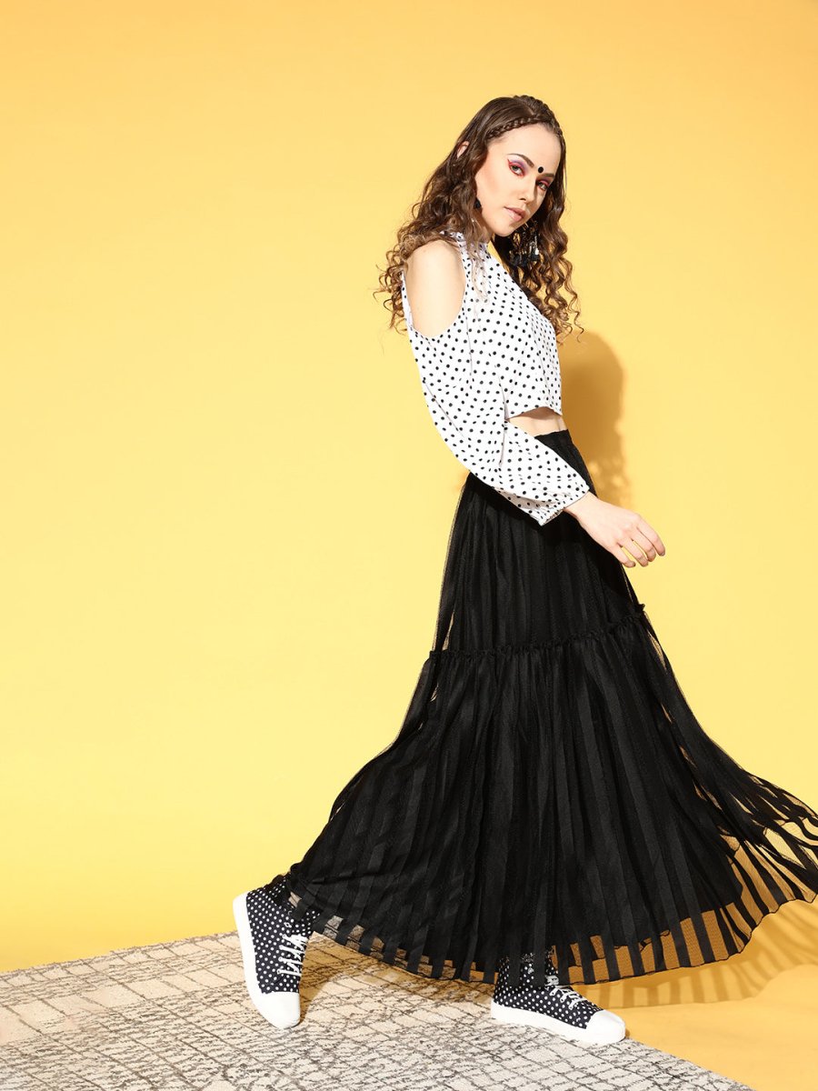 Ahalyaa Women White & Black Printed Top & Skirt | Swadesiicart