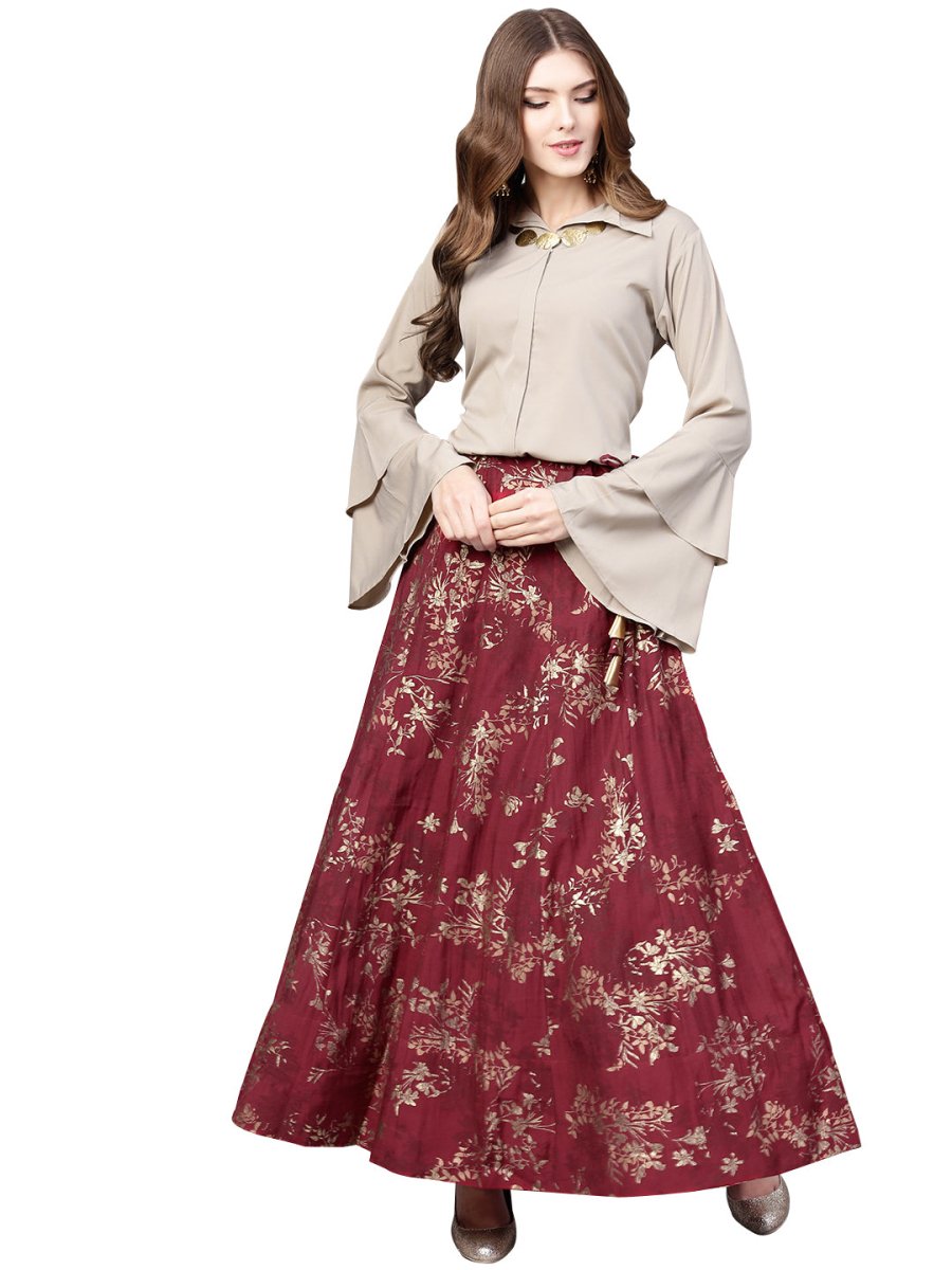 Ahalyaa Indowestern Beige & Maroon Shirt With Skirt Set | Swadesiicart