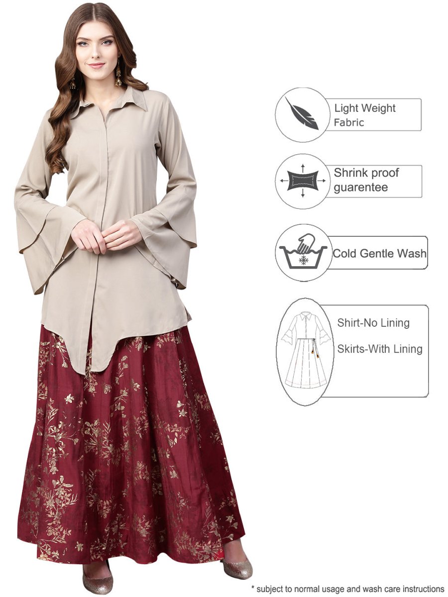 Ahalyaa Indowestern Beige & Maroon Shirt With Skirt Set | Swadesiicart