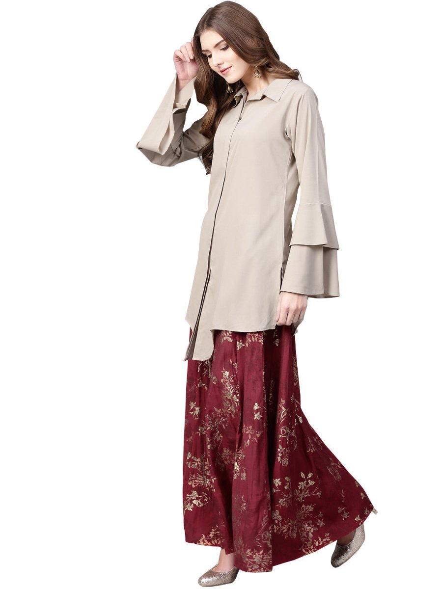 Ahalyaa Indowestern Beige & Maroon Shirt With Skirt Set | Swadesiicart