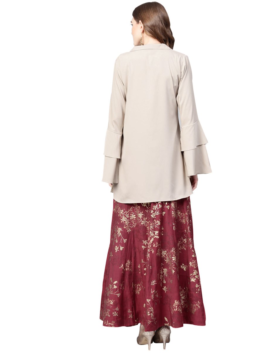 Ahalyaa Indowestern Beige & Maroon Shirt With Skirt Set | Swadesiicart