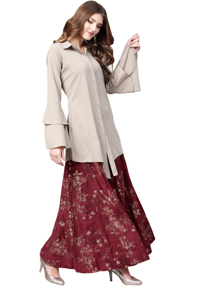 Ahalyaa Indowestern Beige & Maroon Shirt With Skirt Set | Swadesiicart