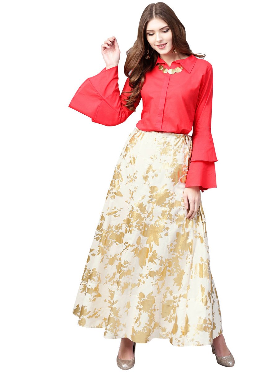 Ahalyaa Indowestern Red Shirt With Off White & Gold Skirt Set | Swadesiicart