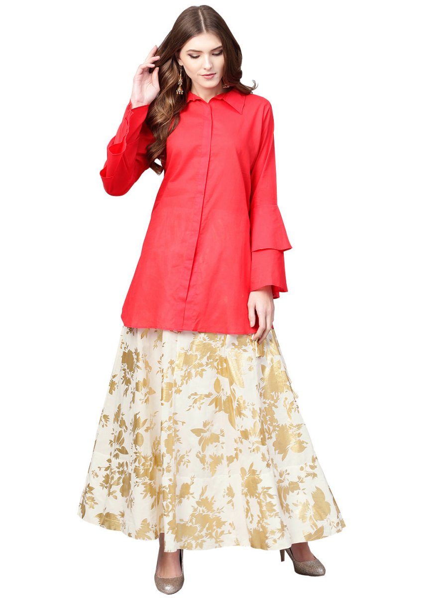 Ahalyaa Indowestern Red Shirt With Off White & Gold Skirt Set | Swadesiicart