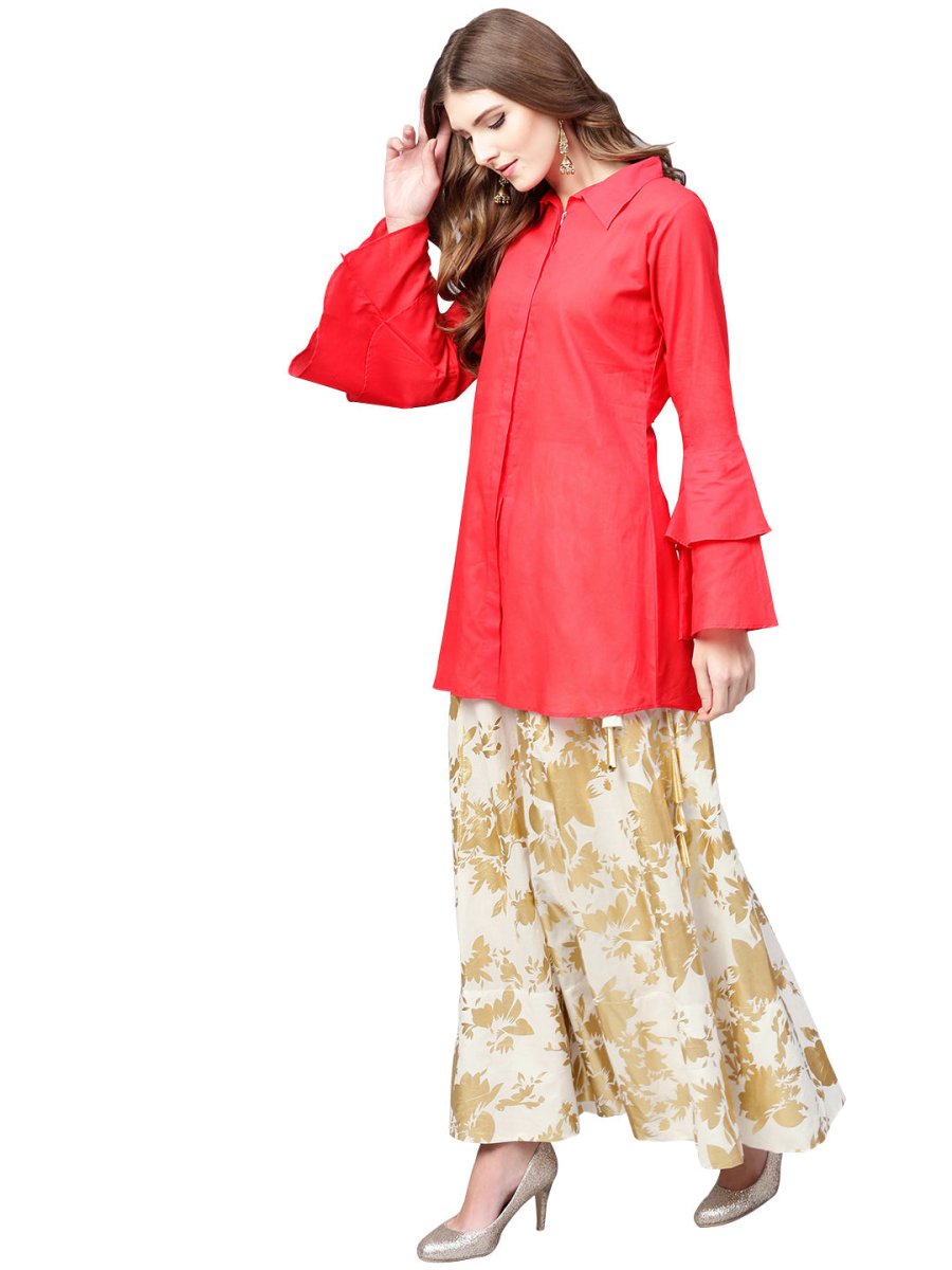 Ahalyaa Indowestern Red Shirt With Off White & Gold Skirt Set | Swadesiicart