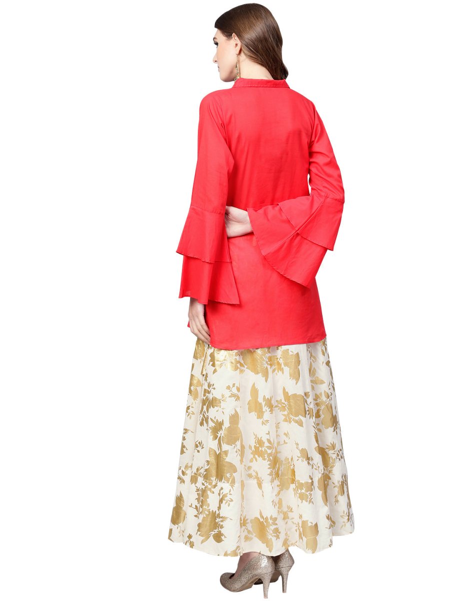 Ahalyaa Indowestern Red Shirt With Off White & Gold Skirt Set | Swadesiicart