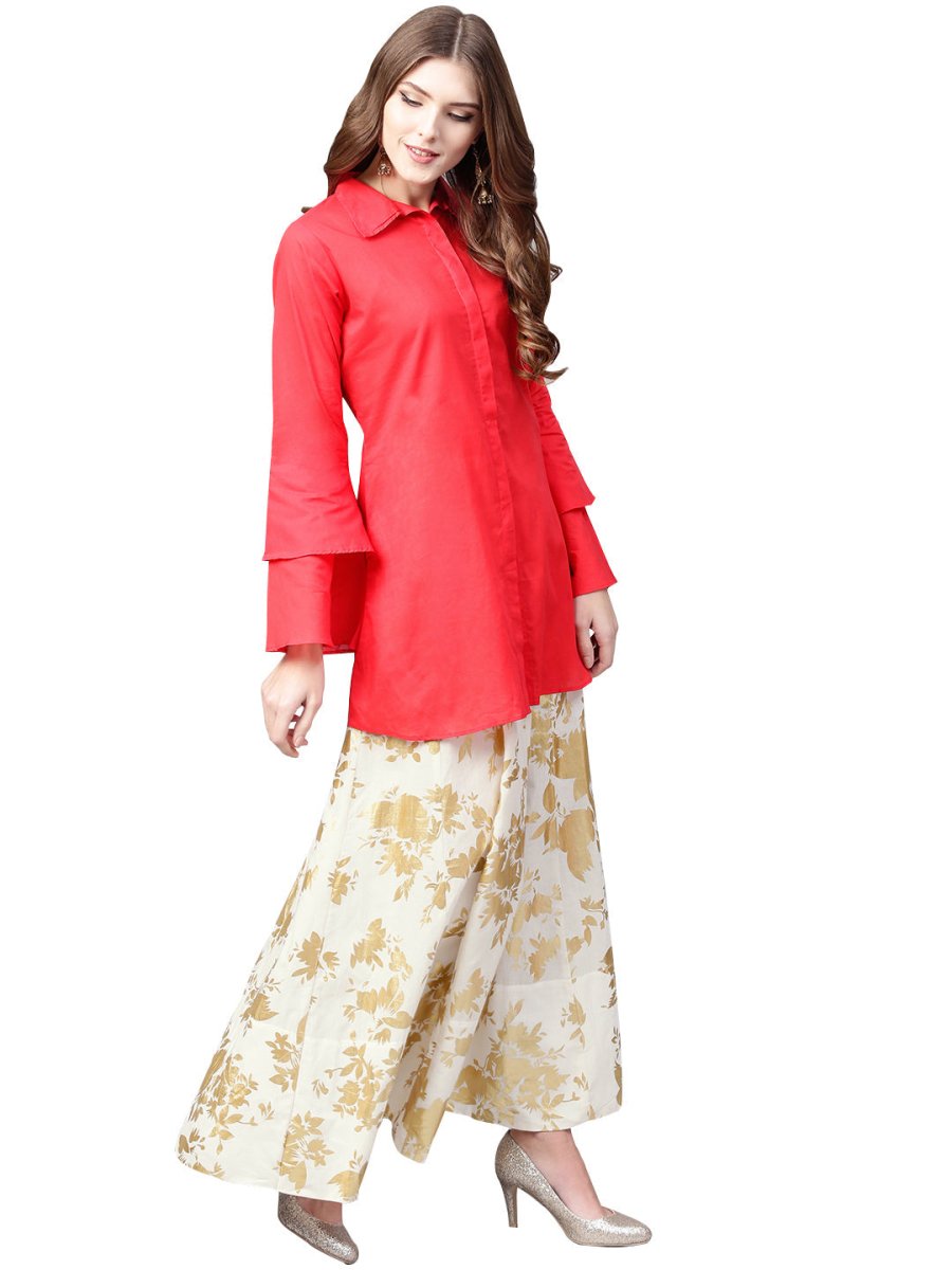 Ahalyaa Indowestern Red Shirt With Off White & Gold Skirt Set | Swadesiicart