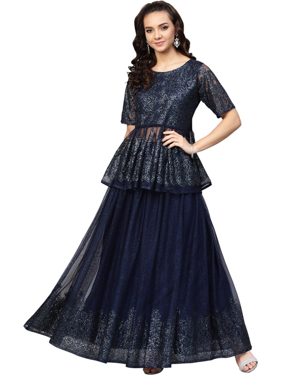 Ahalyaa Navy Blue Peplum Net Indowestern Set | Swadesiicart