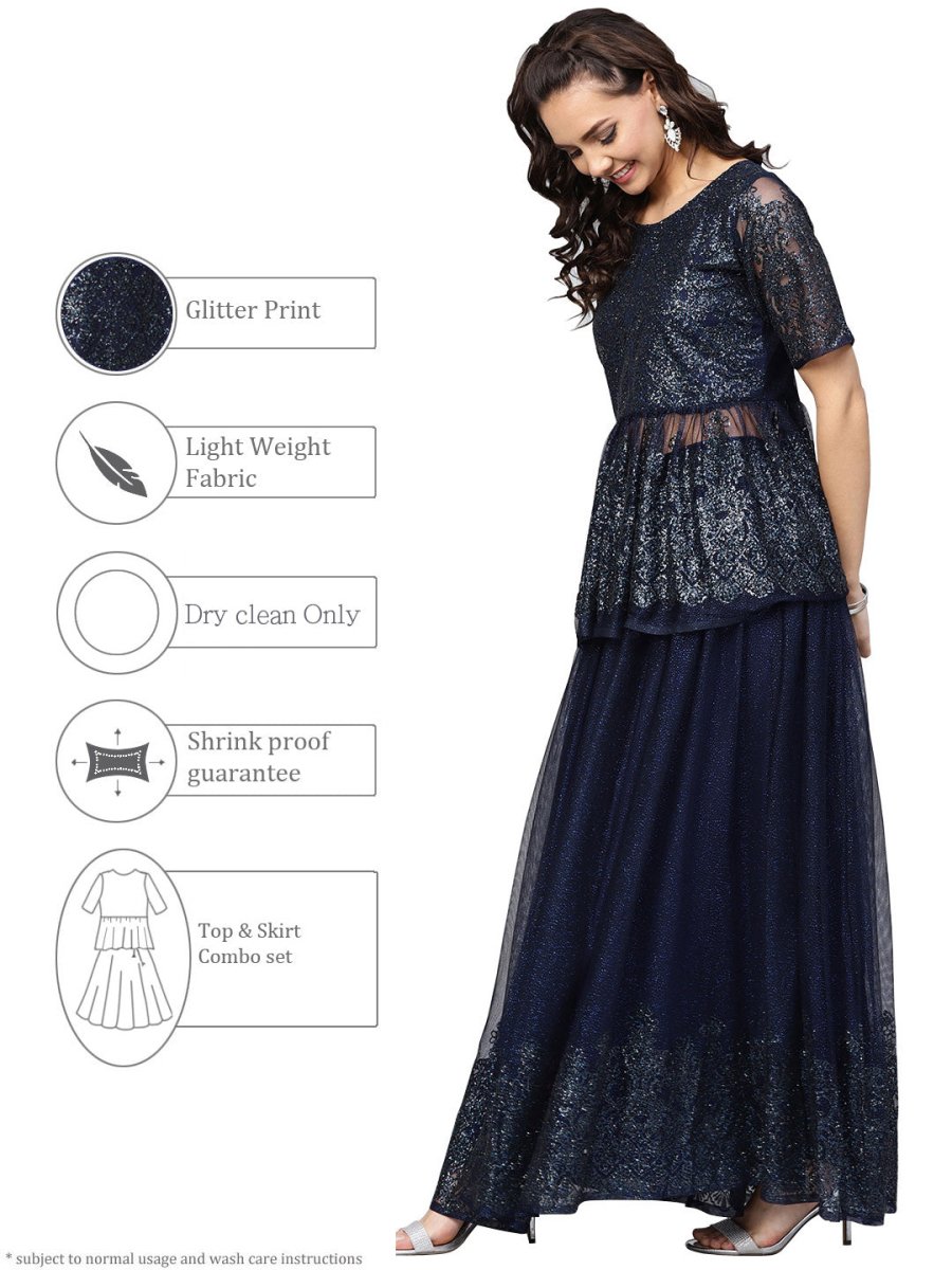 Ahalyaa Navy Blue Peplum Net Indowestern Set | Swadesiicart