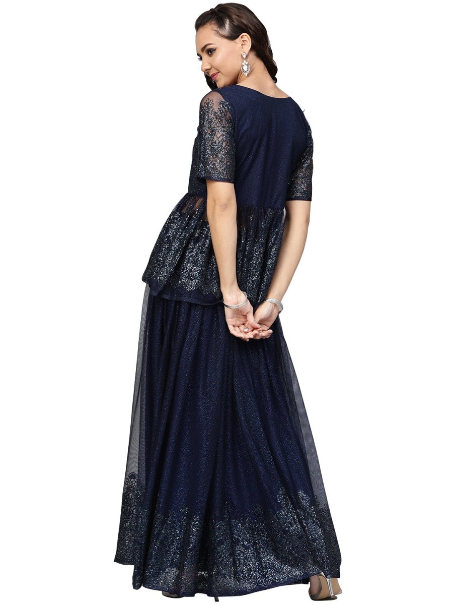 Ahalyaa Navy Blue Peplum Net Indowestern Set | Swadesiicart