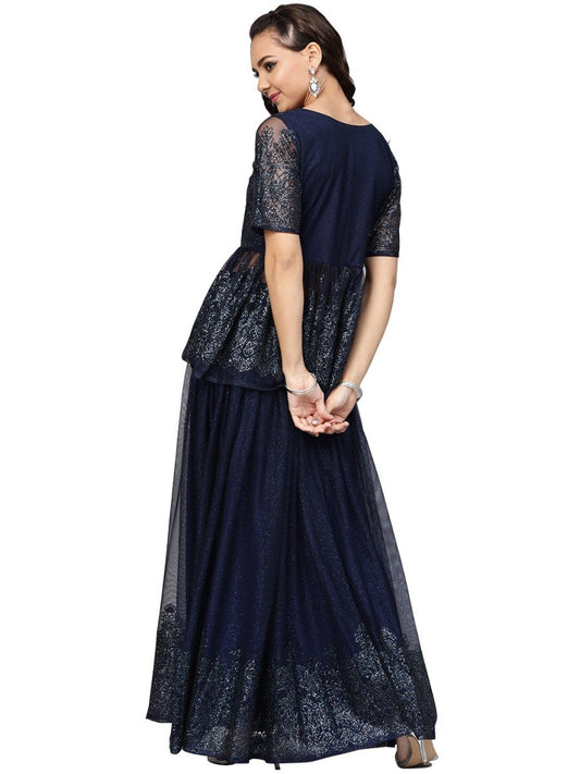 Ahalyaa Navy Blue Peplum Net Indowestern Set | Swadesiicart