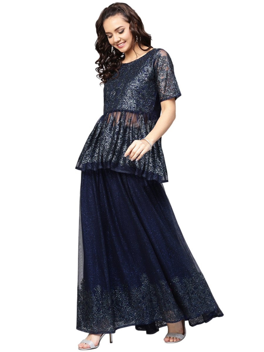 Ahalyaa Navy Blue Peplum Net Indowestern Set | Swadesiicart