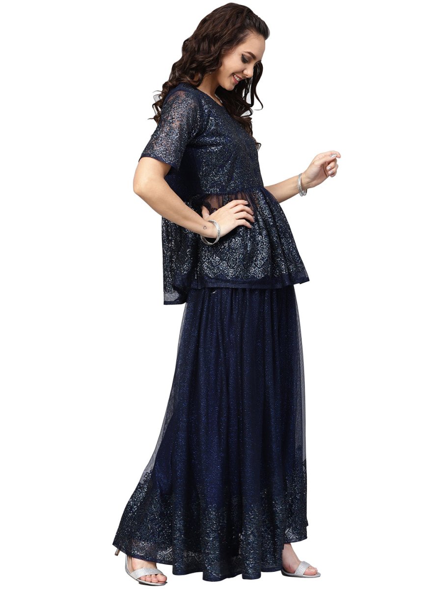 Ahalyaa Navy Blue Peplum Net Indowestern Set | Swadesiicart