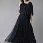 Ahalyaa Navy Blue & Silver Foil Print Layered Top with Skirt | Swadesiicart