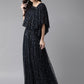 Ahalyaa Navy Blue & Silver Foil Print Layered Top with Skirt | Swadesiicart