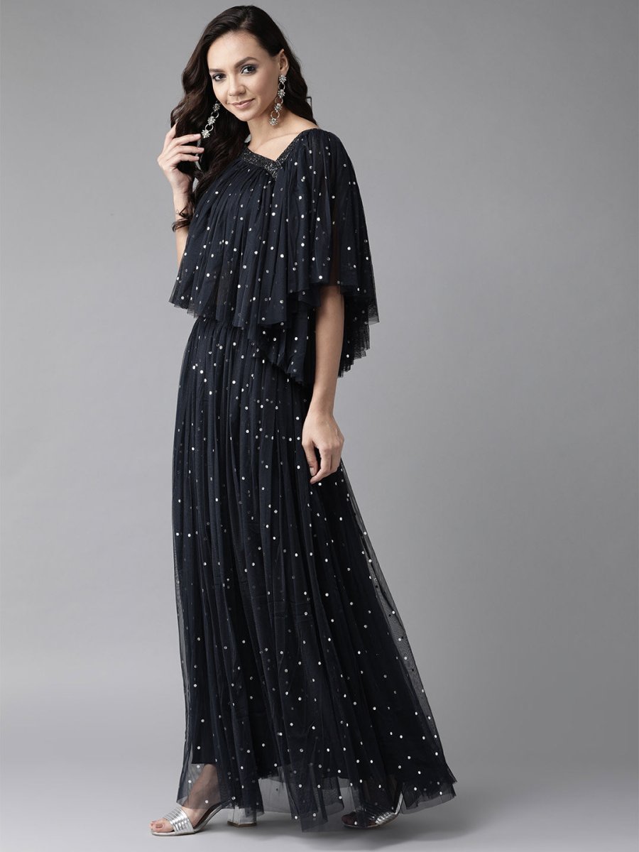 Ahalyaa Navy Blue & Silver Foil Print Layered Top with Skirt | Swadesiicart