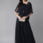 Ahalyaa Navy Blue & Silver Foil Print Layered Top with Skirt | Swadesiicart