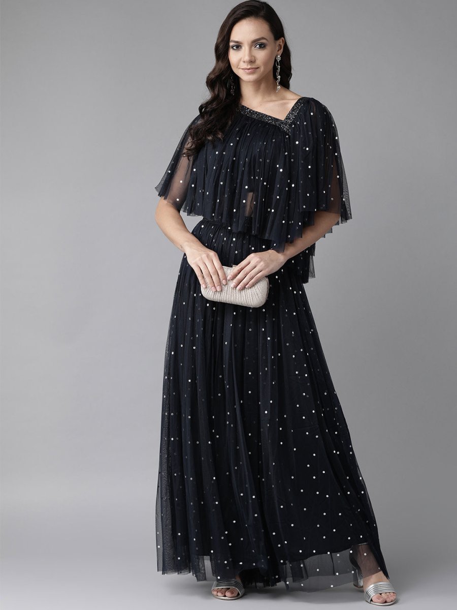 Ahalyaa Navy Blue & Silver Foil Print Layered Top with Skirt | Swadesiicart