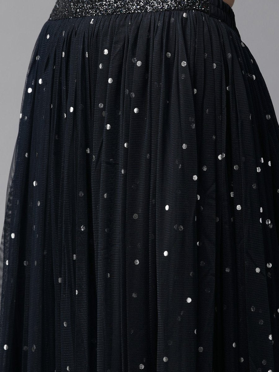 Ahalyaa Navy Blue & Silver Foil Print Layered Top with Skirt | Swadesiicart