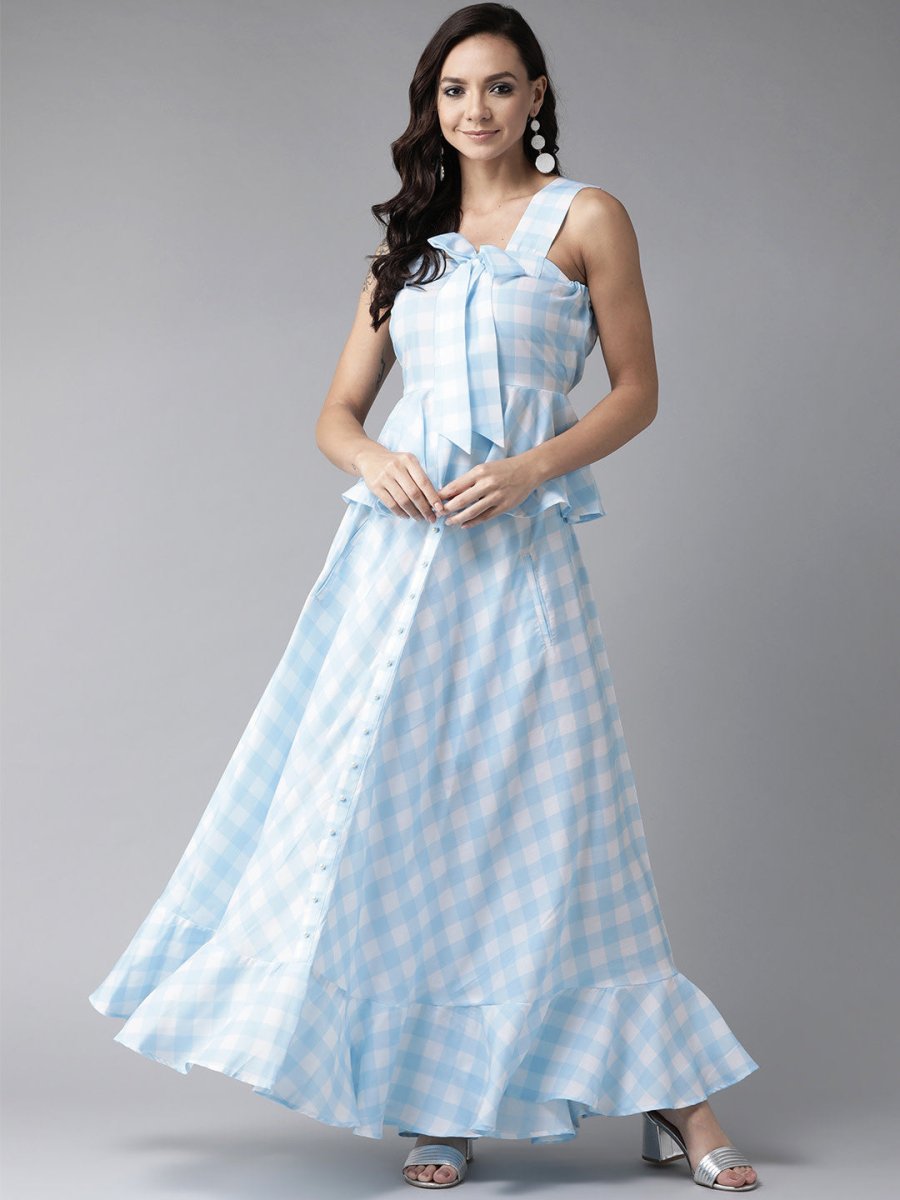Ahalyaa Women Blue & White Checked Peplum Top with Skirt | Swadesiicart